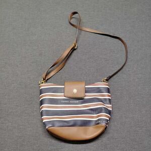Tommy Hilfiger Crossbody Bag Navy White Brown Stripe Logo Flap Shoulder